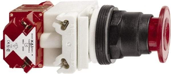 Schneider Electric - 30mm Mount Hole, Extended Straight, Pushbutton Switch with Contact Block - Red Pushbutton, Maintained (MA), Momentary (MO) - Eagle Tool & Supply