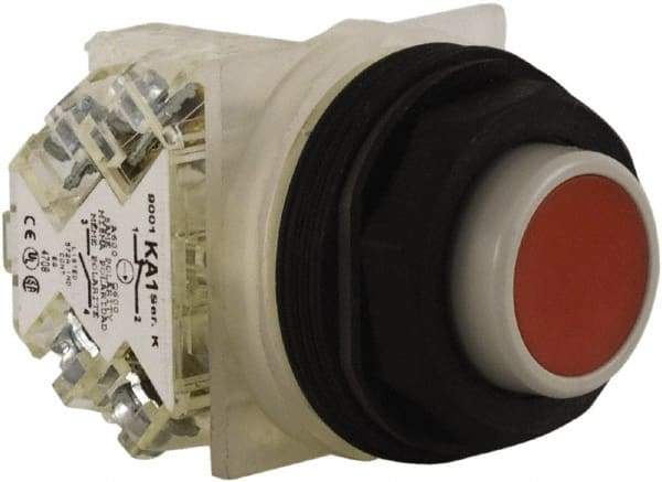 Schneider Electric - 30mm Mount Hole, Extended Straight, Pushbutton Switch with Contact Block - Red Pushbutton, Momentary (MO) - Eagle Tool & Supply