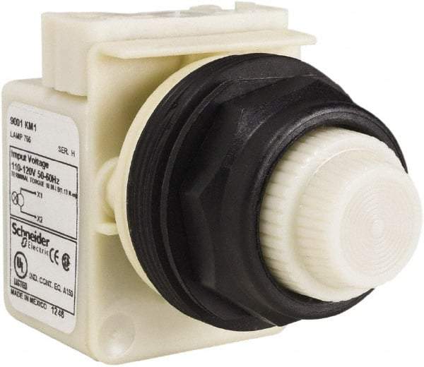 Schneider Electric - 110 VAC at 50/60 Hz via Transformer, 120 VAC at 50/60 Hz via Transformer White Lens Indicating Light - Round Lens, Screw Clamp Connector, Corrosion Resistant, Dust Resistant, Oil Resistant - Eagle Tool & Supply