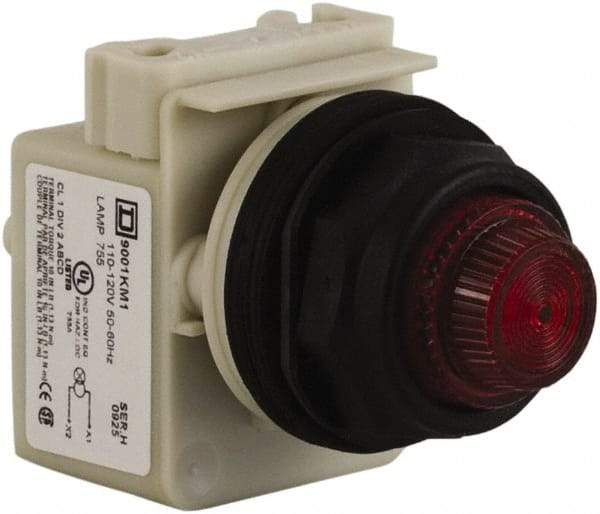 Schneider Electric - 110 VAC at 50/60 Hz via Transformer, 120 VAC at 50/60 Hz via Transformer Red Lens Indicating Light - Round Lens, Screw Clamp Connector, Corrosion Resistant, Dust Resistant, Oil Resistant - Eagle Tool & Supply