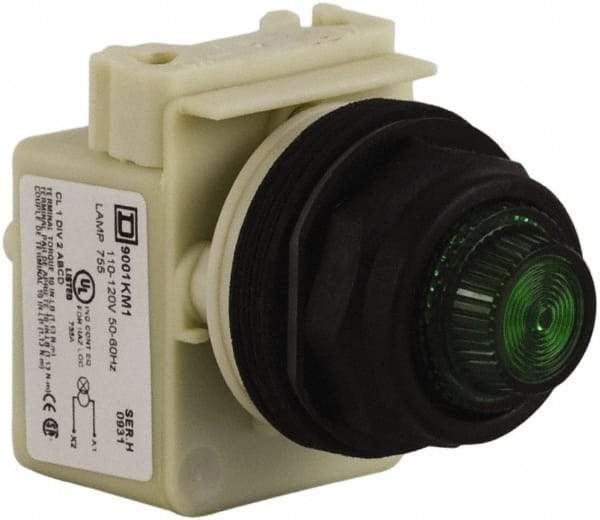 Schneider Electric - 110 VAC at 50/60 Hz via Transformer, 120 VAC at 50/60 Hz via Transformer Green Lens Indicating Light - Round Lens, Screw Clamp Connector, Corrosion Resistant, Dust Resistant, Oil Resistant - Eagle Tool & Supply