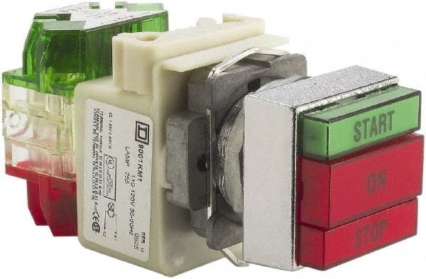 Schneider Electric - 30mm Mount Hole, Pushbutton Switch with Pilot Light - Rectangle, Green and Red Pushbutton, Illuminated, Momentary (MO), Start-On-Stop - Eagle Tool & Supply