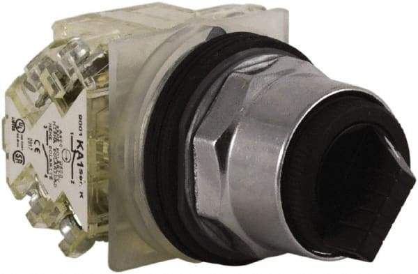 Schneider Electric - 30mm Mount Hole, 2 Position, Knob and Pushbutton Operated, Selector Switch - Black, Maintained (MA), 2NO/2NC, Weatherproof and Dust and Oil Resistant - Eagle Tool & Supply