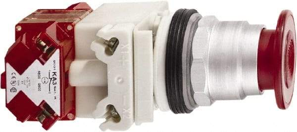 Schneider Electric - 30mm Mount Hole, Extended Straight, Pushbutton Switch with Contact Block - Red Pushbutton, Maintained (MA), Momentary (MO) - Eagle Tool & Supply