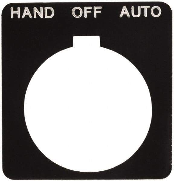 Schneider Electric - Square, Plastic Legend Plate - Hand-Off-Auto - Black Background, White Letters, 1.2 Inch Hole Diameter, 1-3/4 Inch Square - Eagle Tool & Supply