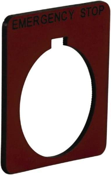 Schneider Electric - Square, Plastic Legend Plate - Emergency Stop - Red Background, Black Letters, 1.2 Inch Hole Diameter, 1-3/4 Inch Square - Eagle Tool & Supply