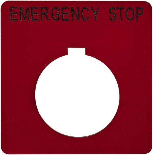 Schneider Electric - Square, Plastic Legend Plate - Emergency Stop - Red Background, Black Letters, 1.2 Inch Hole Diameter, 2-1/4 Inch Square - Eagle Tool & Supply