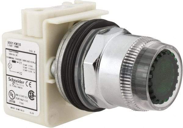 Schneider Electric - 1.18 Inch Mount Hole, Extended Straight, Pushbutton Switch Only - Round, Green Pushbutton, Illuminated, Momentary (MO), Weatherproof, Dust and Oil Resistant - Eagle Tool & Supply