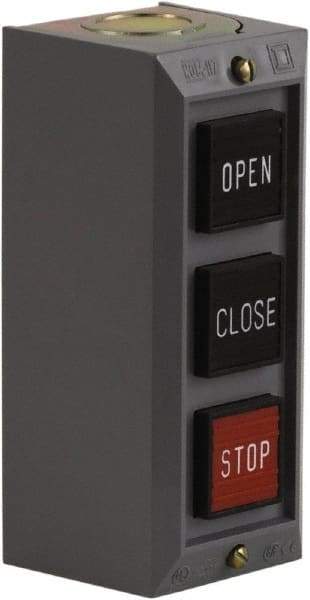 Schneider Electric - 3 Operator, Projecting Pushbutton Control Station - Close, Open, Stop (Legend), Momentary Switch, 2NO/3NC Contact, NEMA 1 - Eagle Tool & Supply