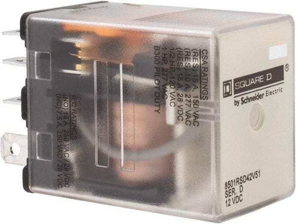 Square D - Electromechanical Plug-in General Purpose Relay - 10 Amp at 240 VAC, DPDT, 12 VDC - Eagle Tool & Supply