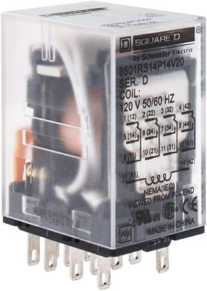 Square D - 1/6 hp at 120/240 Volt, Electromechanical Plug-in General Purpose Relay - 5 Amp at 240 VAC, 4PDT, 120 VAC at 50/60 Hz - Eagle Tool & Supply