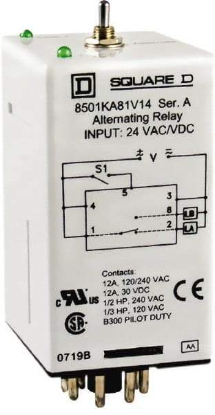 Square D - 8 Pins, 1/2 hp at 240 Volt & 1/3 hp at 120 Volt, Electromechanical Plug-in General Purpose Relay - 12 Amp at 240 VAC, SPDT, 12 VAC/VDC, 36mm Wide x 65mm High x 44mm Deep - Eagle Tool & Supply