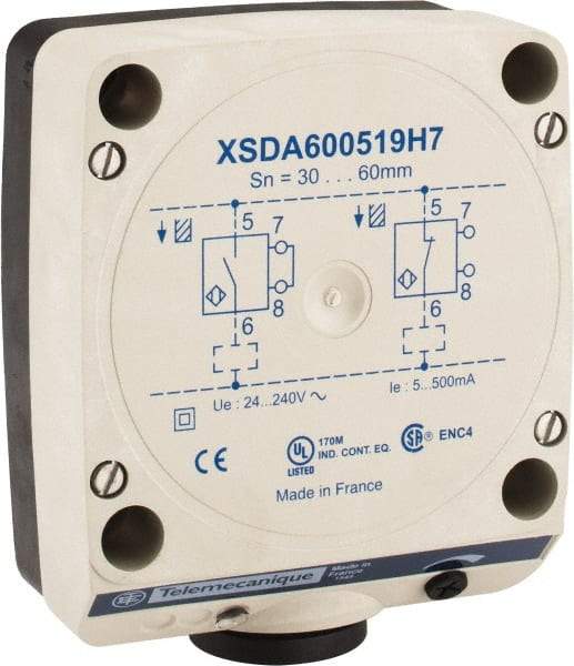 Telemecanique Sensors - NPN, PNP, NO/NC, 60mm Detection, Rectangular, Inductive Proximity Sensor - 2 Wires, IP67, 24 to 240 VAC, 80mm Wide - Eagle Tool & Supply