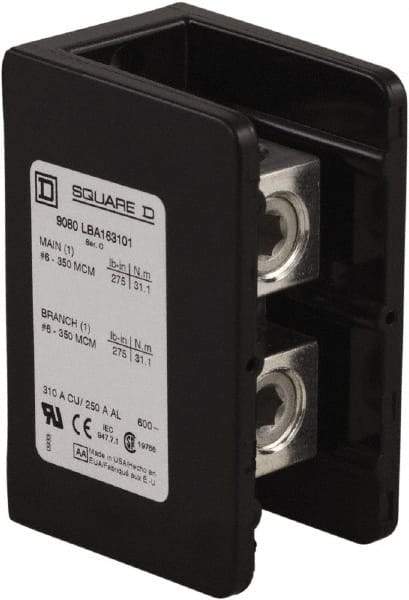 Square D - 1 Pole, 250 (Aluminium), 310 (Copper) Amp, Phenolic Power Distribution Block - 600 VAC, 1 Primary Connection - Eagle Tool & Supply