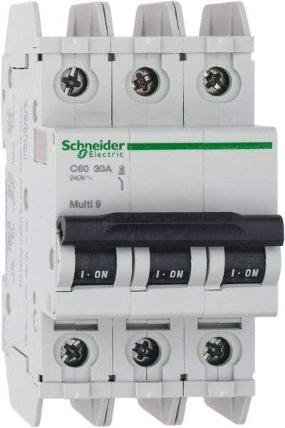 Schneider Electric - 30 Amp, 125 VDC, 240 VAC, 60 VDC, 3 Pole, DIN Rail Mount, Fixed Mount Miniature Circuit Breaker - Thermal Magnetic Trip, Multiple Breaking Capacity Ratings, 73mm Deep x 107mm High x 54mm Wide - Eagle Tool & Supply