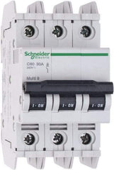Schneider Electric - 30 Amp, 125 VDC, 240 VAC, 60 VDC, 3 Pole, DIN Rail Mount, Fixed Mount Miniature Circuit Breaker - Thermal Magnetic Trip, Multiple Breaking Capacity Ratings, 73mm Deep x 107mm High x 54mm Wide - Eagle Tool & Supply