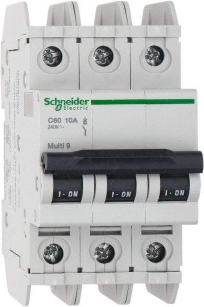 Schneider Electric - 10 Amp, 125 VDC, 240 VAC, 60 VDC, 3 Pole, DIN Rail Mount, Fixed Mount Miniature Circuit Breaker - Thermal Magnetic Trip, Multiple Breaking Capacity Ratings, 73mm Deep x 107mm High x 54mm Wide - Eagle Tool & Supply