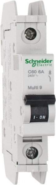 Schneider Electric - 6 Amp, 125 VDC, 240 VAC, 60 VDC, 1 Pole, DIN Rail Mount, Fixed Mount Miniature Circuit Breaker - Thermal Magnetic Trip, Multiple Breaking Capacity Ratings, 73mm Deep x 107mm High x 18mm Wide - Eagle Tool & Supply