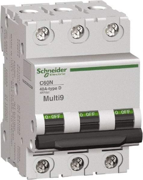 Schneider Electric - 1 Amp, 3 Pole, DIN Rail Mount Standard Circuit Breaker - Multiple Breaking Capacity Ratings, 14-4 (Copper) AWG, 3 Inch Deep x 3.19 Inch High x 2.13 Inch Wide - Eagle Tool & Supply