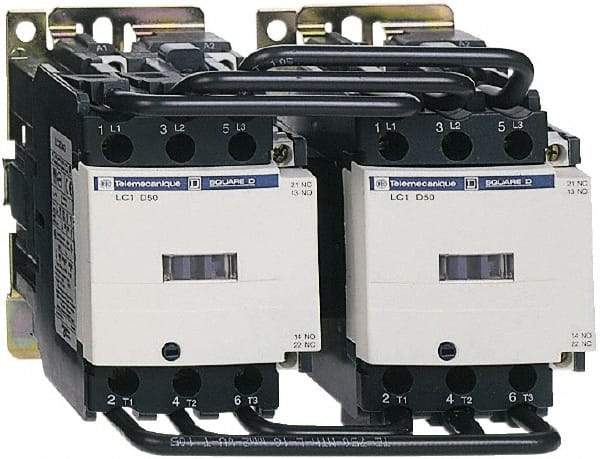 Schneider Electric - 3 Pole, 120 Coil VAC at 50/60 Hz, 50 Amp, Reversible IEC Contactor - Bureau Veritas, CCC, CSA, CSA C22.2 No. 14, DNV, EN/IEC 60947-4-1, EN/IEC 60947-5-1, GL, GOST, LROS, RINA, UL 508, UL Listed - Eagle Tool & Supply