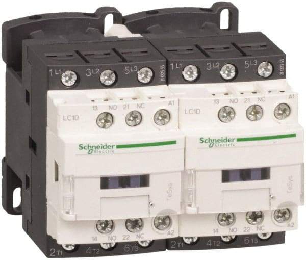 Schneider Electric - 3 Pole, 220 Coil VAC at 50/60 Hz, 12 Amp at 440 VAC, Reversible IEC Contactor - 1 Phase hp: 1 at 115 VAC, 2 at 230/240 VAC, 3 Phase hp: 10 at 575/600 VAC, 3 at 200/208 VAC, 3 at 230/240 VAC, 7.5 at 460/480 VAC - Eagle Tool & Supply