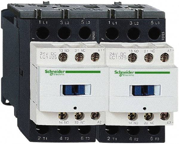 Schneider Electric - 3 Pole, 24 Coil VDC, 18 Amp at 440 VAC, Reversible IEC Contactor - 1 Phase hp: 1 at 115 VAC, 3 at 230/240 VAC, 3 Phase hp: 10 at 460/480 VAC, 15 at 575/600 VAC, 5 at 200/208 VAC, 5 at 230/240 VAC - Eagle Tool & Supply