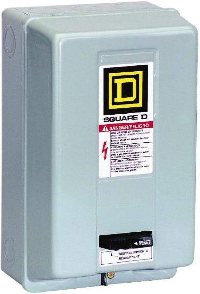 Square D - 220 Coil VAC at 50 Hz, 240 Coil VAC at 60 Hz, 45 Amp, NEMA Size 2, Nonreversible Enclosed Enclosure NEMA Motor Starter - 3 Phase hp: 10 at 200 VAC, 15 at 230 VAC, 25 at 460 VAC, 25 at 575 VAC, 1 Enclosure Rating - Eagle Tool & Supply