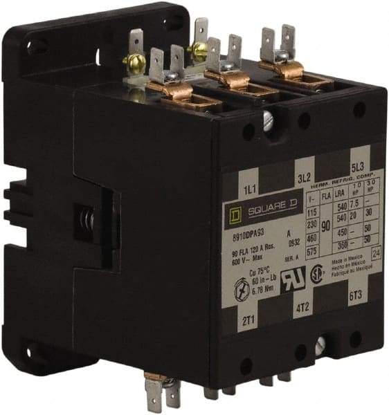 Square D - 3 Pole, 90 Amp Inductive Load, 277 Coil VAC at 60 Hz, Definite Purpose Contactor - Phase 1 and Phase 3 Hp:  20 at 230 VAC, 30 at 230 VAC, 50 at 460 VAC, 50 at 575 VAC, 7.5 at 115 VAC, 120 Amp Resistive Rating, CE, CSA, UL Listed - Eagle Tool & Supply