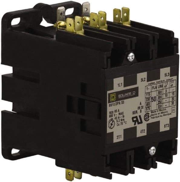 Square D - 3 Pole, 50 Amp Inductive Load, 277 Coil VAC at 60 Hz, Definite Purpose Contactor - Phase 1 and Phase 3 Hp:  10 at 230 VAC, 15 at 230 VAC, 3 at 115 VAC, 30 at 460 VAC, 30 at 575 VAC, 65 Amp Resistive Rating, CE, CSA, UL Listed - Eagle Tool & Supply