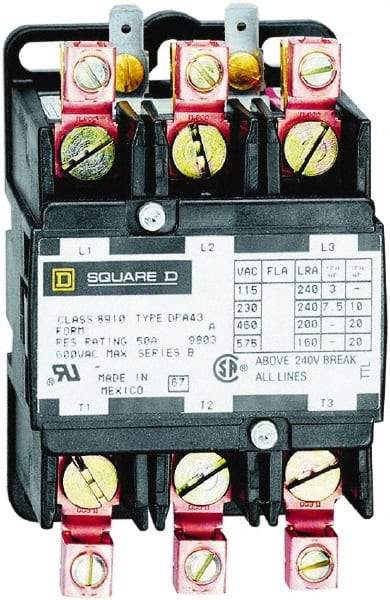 Square D - 3 Pole, 40 Amp Inductive Load, 277 Coil VAC at 60 Hz, Definite Purpose Contactor - Phase 1 and Phase 3 Hp:  10 at 230 VAC, 20 at 460 VAC, 25 at 575 VAC, 3 at 115 VAC, 7.5 at 230 VAC, 50 Amp Resistive Rating, CE, CSA, UL Listed - Eagle Tool & Supply