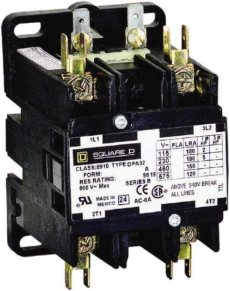 Square D - 2 Pole, 90 Amp Inductive Load, 208 to 240 Coil VAC at 60 Hz and 220 Coil VAC at 50 Hz, Definite Purpose Contactor - Phase 1 Hp:  20 at 230 VAC, 7.5 at 115 VAC, 120 Amp Resistive Rating, CE, CSA, UL Listed - Eagle Tool & Supply