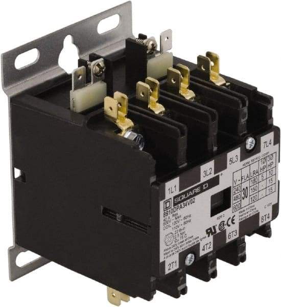 Square D - 4 Pole, 20 Amp Inductive Load, 24 Coil VAC at 50/60 Hz, Definite Purpose Contactor - Phase 1 and Phase 3 Hp:  1.5 at 115 VAC, 3 at 230 VAC, 7.5 at 230 VAC, 7.5 at 460 VAC, 7.5 at 575 VAC, 30 Amp Resistive Rating, CE, CSA, UL Listed - Eagle Tool & Supply