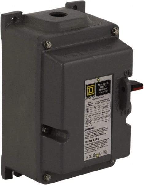 Square D - 3 Poles, 18 Amp, M-0 NEMA, Enclosed Pushbutton Manual Motor Starter - 3 hp at 200 to 230 VAC & 5 hp at 380 to 575 VAC, CSA, NEMA 7/9 & UL Listed - Eagle Tool & Supply