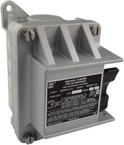 Square D - 2 Poles, 16 Amp, NEMA, Enclosed Toggle Manual Motor Starter - 1 hp at 115 VAC, 1 hp at 230 VAC, 1 hp at 277 VAC, 3/4 hp at 115 VDC & 3/4 hp at 230 VDC, CE, CSA, NEMA 3R/7/9 & UL Listed - Eagle Tool & Supply