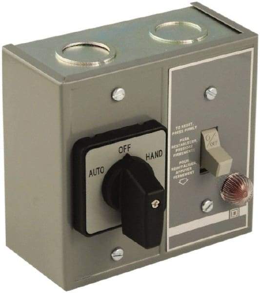 Square D - 2 Poles, 16 Amp, NEMA, Enclosed Toggle Manual Motor Starter - 1 hp at 115 VAC, 1 hp at 230 VAC, 1 hp at 277 VAC, 3/4 hp at 115 VDC & 3/4 hp at 230 VDC, CE, CSA, NEMA 1 & UL Listed - Eagle Tool & Supply