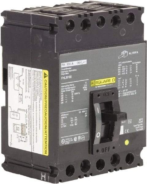 Square D - 100 Amp, 250 VDC, 600 VAC, 3 Pole, Panel Mount Molded Case Circuit Breaker - Thermal Magnetic Trip, 18 kA Breaking Capacity, 12-1/0 (Aluminum), 14-1/0 (Copper) AWG, 4.13 Inch Deep x 6 Inch High x 4-1/2 Inch Long - Eagle Tool & Supply