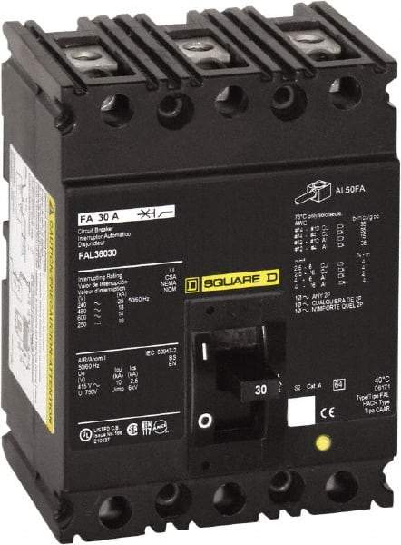 Square D - 30 Amp, 250 VDC, 480 VAC, 3 Pole, Panel Mount Molded Case Circuit Breaker - Thermal Magnetic Trip, 18 kA at 480/600 VAC Breaking Capacity, 12-4 (Aluminum), 14-4 (Copper) AWG, 4.13 Inch Deep x 6 Inch High x 4-1/2 Inch Long - Eagle Tool & Supply