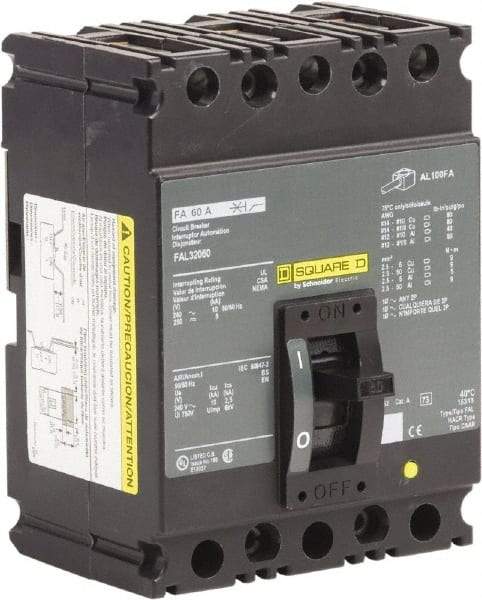 Square D - 60 Amp, 240 VAC, 3 Pole, Panel Mount Molded Case Circuit Breaker - Thermal Magnetic Trip, Multiple Breaking Capacity Ratings, 12-1/0 (Aluminum), 14-1/0 (Copper) AWG, 4.13 Inch Deep x 6 Inch High x 4-1/2 Inch Long - Eagle Tool & Supply