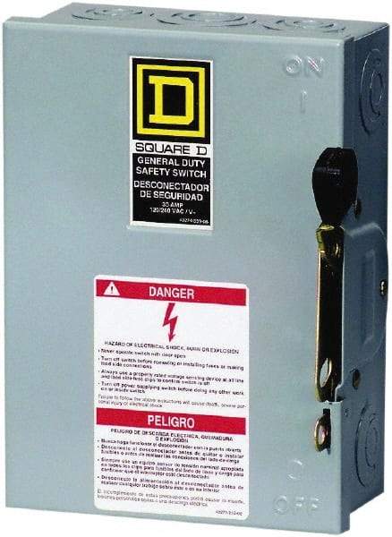 Square D - 30 Amp, 240 V, 3 Pole Fused Safety Switch - NEMA 1, 3 hp at 240 VAC (Single Phase), 7.5 hp at 240 VAC (Triple Phase), 3PST Contact Form - Eagle Tool & Supply