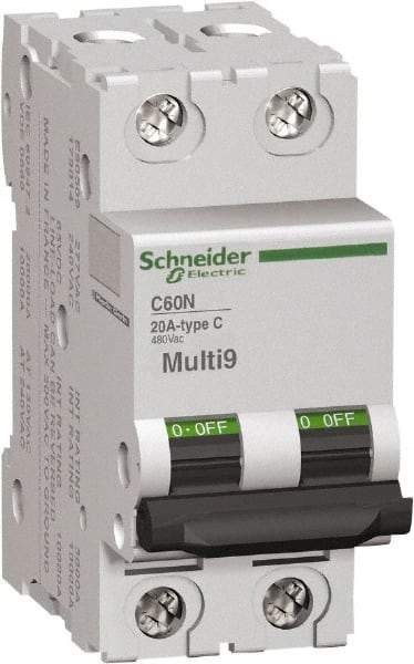 Schneider Electric - 20 Amp, 2 Pole, DIN Rail Mount Standard Circuit Breaker - Multiple Breaking Capacity Ratings, 14-4 (Copper) AWG, 3 Inch Deep x 3.19 Inch High x 1.42 Inch Wide - Eagle Tool & Supply