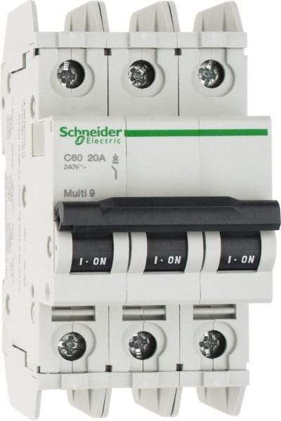 Schneider Electric - 20 Amp, 125 VDC, 240 VAC, 60 VDC, 3 Pole, DIN Rail Mount, Fixed Mount Miniature Circuit Breaker - Thermal Magnetic Trip, Multiple Breaking Capacity Ratings, 73mm Deep x 107mm High x 54mm Wide - Eagle Tool & Supply