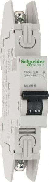 Schneider Electric - 2 Amp, 120/240 VAC, 1 Pole, DIN Rail Mounted Miniature Circuit Breaker - Thermal Magnetic Trip, 10 kA at 240 VAC Breaking Capacity, 14-4 AWG, 73mm Deep x 123.4mm High x 18mm Wide - Eagle Tool & Supply