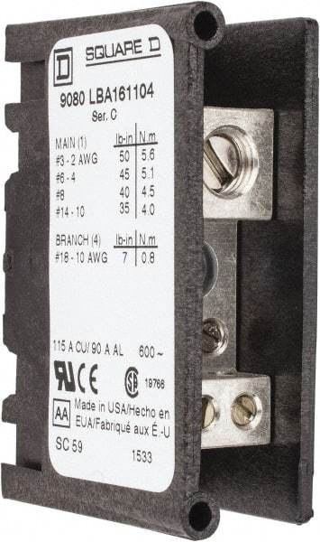 Square D - 1 Pole, 115 (Copper), 90 (Aluminium) Amp, Thermoplastic Power Distribution Block - 600 VAC, 1 Primary Connection - Eagle Tool & Supply