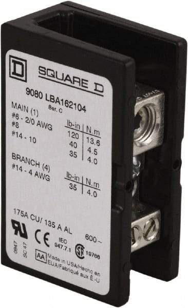 Square D - 1 Pole, 135 (Aluminium), 175 (Copper) Amp, Phenolic Power Distribution Block - 600 VAC, 1 Primary Connection - Eagle Tool & Supply