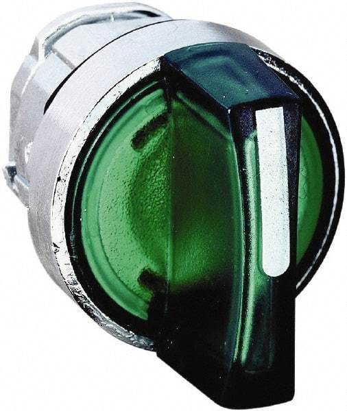 Schneider Electric - 22mm Mount Hole, 3 Position, Handle Operated, Selector Switch - Green, Momentary (MO), Illuminated, Shock, Vibration and Water Resistant - Eagle Tool & Supply