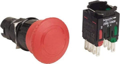 Schneider Electric - 16mm Mount Hole, Extended Mushroom Head, Pushbutton Switch with Contact Block - Round, Red Pushbutton, Maintained (MA), Momentary (MO) - Eagle Tool & Supply