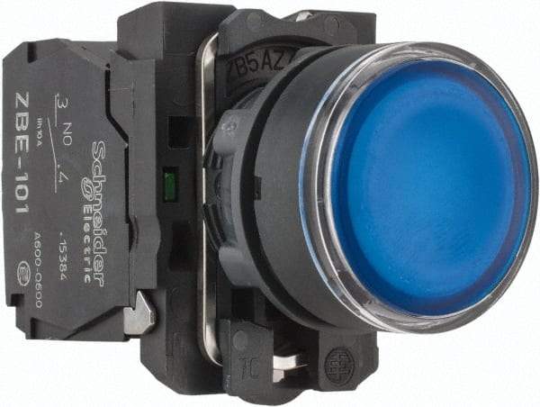 Schneider Electric - 22mm Mount Hole, Flush, Pushbutton Switch with Contact Block - Round, Blue Pushbutton, Illuminated, Momentary (MO) - Eagle Tool & Supply