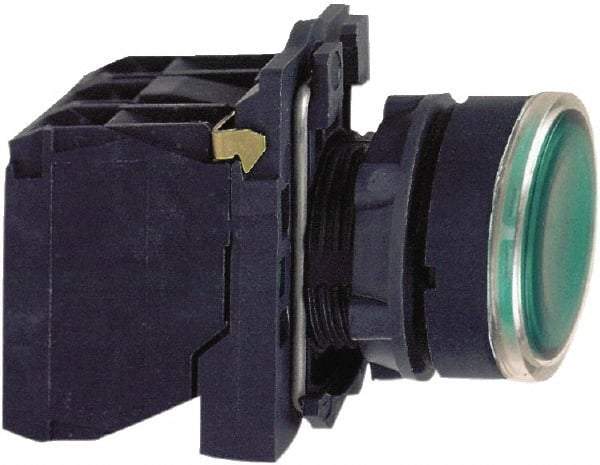 Schneider Electric - 22mm Mount Hole, Flush, Pushbutton Switch with Contact Block - Round, Green Pushbutton, Illuminated, Momentary (MO) - Eagle Tool & Supply