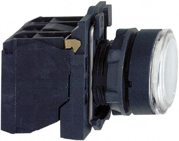 Schneider Electric - 22mm Mount Hole, Flush, Pushbutton Switch with Contact Block - Round, White Pushbutton, Illuminated, Momentary (MO) - Eagle Tool & Supply