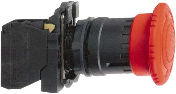 Schneider Electric - 22mm Mount Hole, Extended Mushroom Head, Pushbutton Switch with Contact Block - Round, Red Pushbutton, Maintained (MA), Momentary (MO) - Eagle Tool & Supply